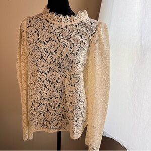 Cream lace high neck long sleeve peasant top